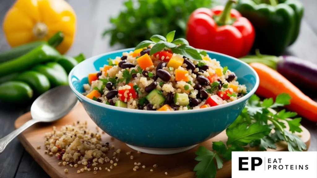 A vibrant bowl of quinoa and black bean salad surrounded by colorful vegetables and fresh herbs