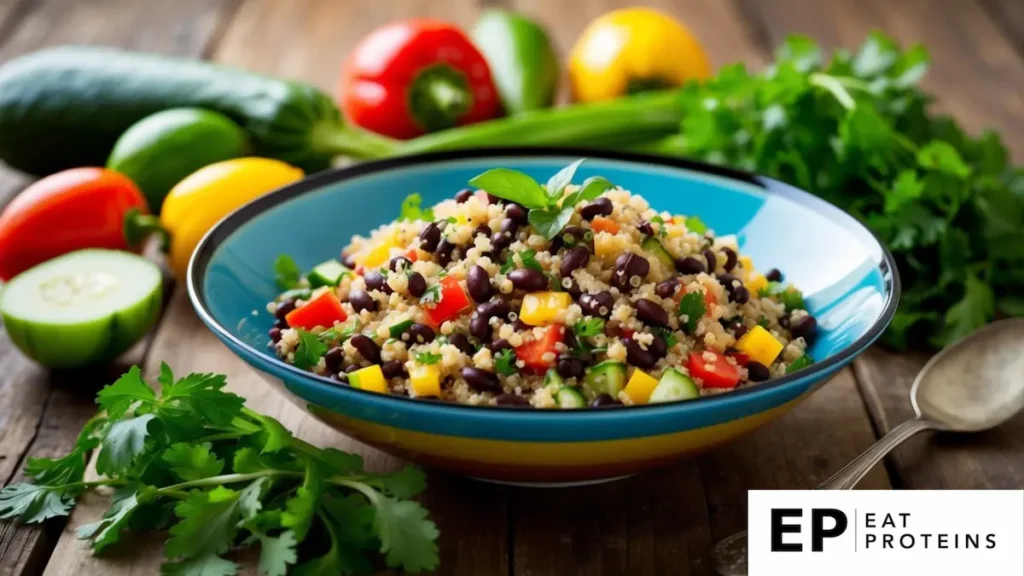 A colorful bowl of quinoa and black bean salad surrounded by fresh vegetables and herbs on a wooden table