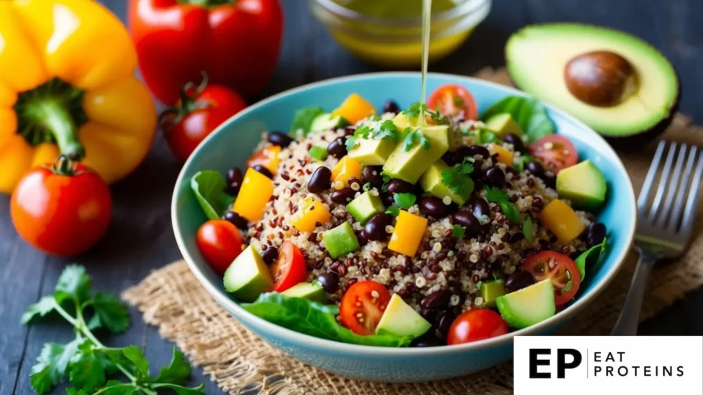 A colorful bowl of quinoa and black bean salad surrounded by fresh ingredients like tomatoes, bell peppers, and avocado, with a light vinaigrette drizzled on top