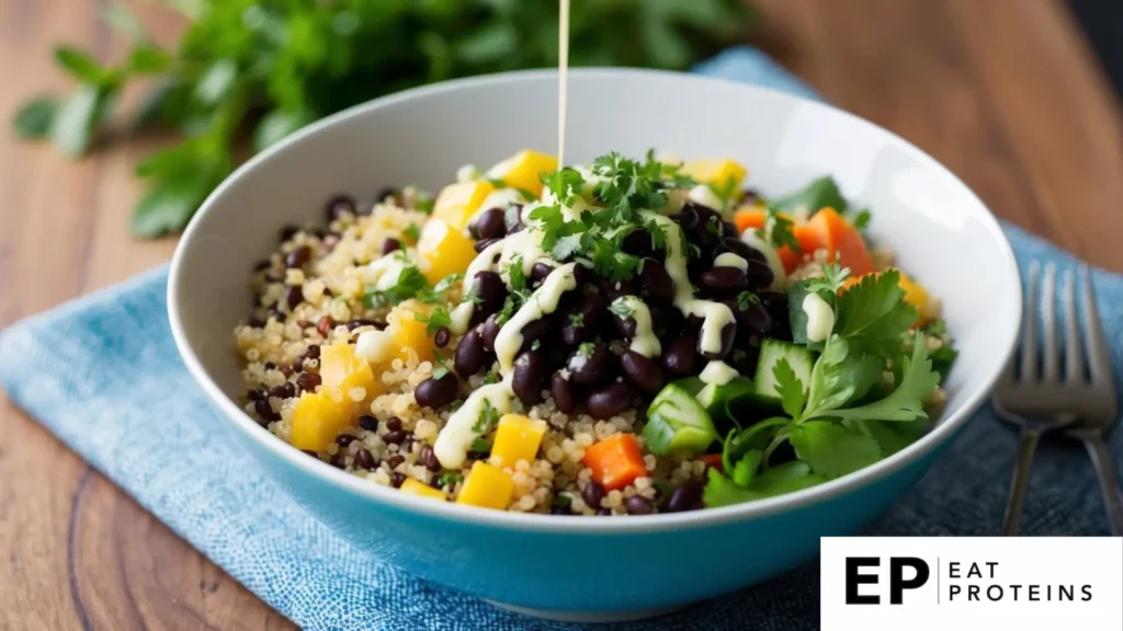 A colorful bowl filled with quinoa, black beans, diced vegetables, and fresh herbs, drizzled with a light vinaigrette dressing