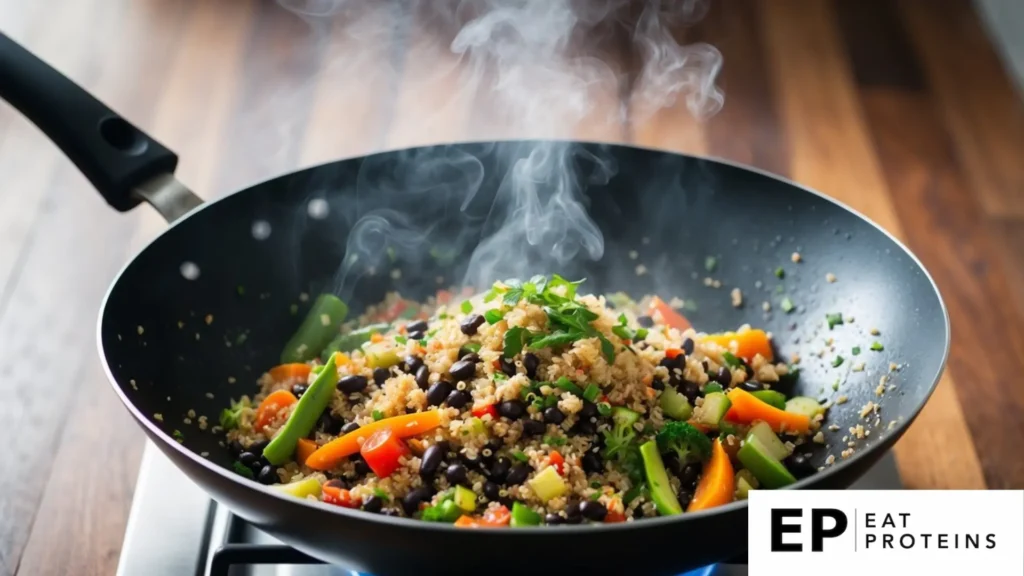 A colorful stir-fry sizzling in a wok, with quinoa, black beans, and assorted vegetables, steam rising