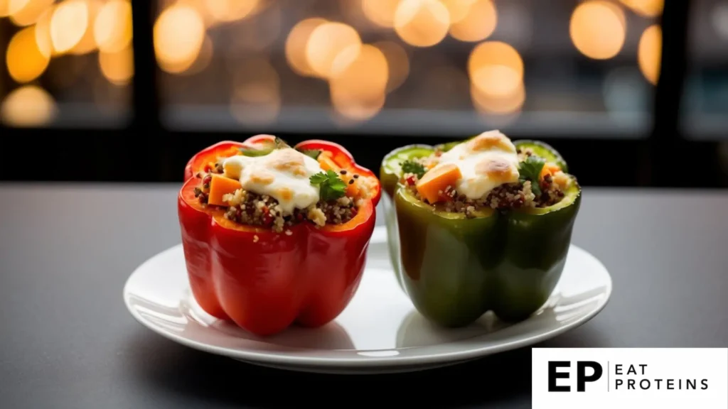 This image shows two stuffed bell peppers, one red and one green, filled with a mixture of quinoa and black beans, garnished with melted cheese and herbs. It looks like a healthy, protein-rich dish, likely suitable for a diabetic diet, as it appears to contain whole grains, legumes, and vegetables.