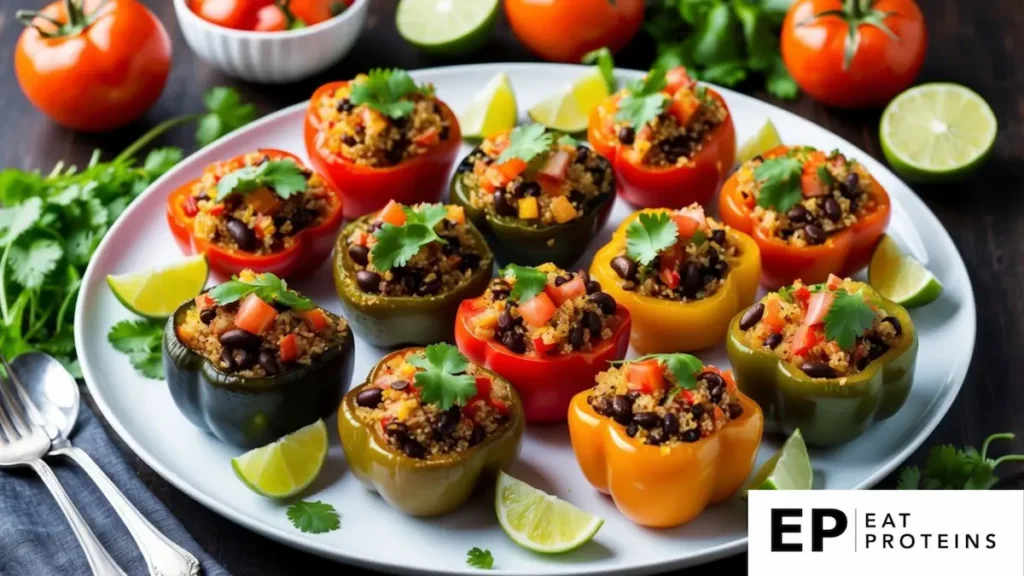 A colorful array of quinoa and black bean stuffed peppers arranged on a white plate, surrounded by fresh ingredients like tomatoes, cilantro, and lime wedges