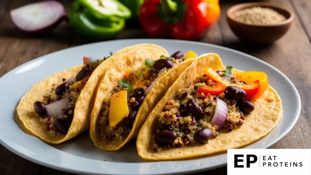 A colorful array of quinoa and black bean tacos arranged on a wooden serving platter, surrounded by fresh ingredients like pepper, onion, and spices