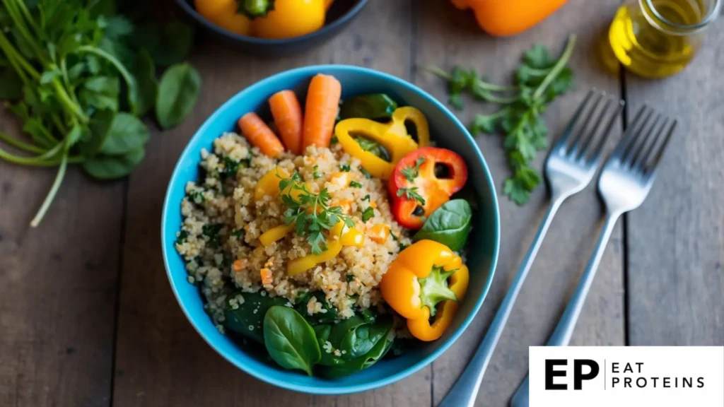 A colorful bowl filled with quinoa, carrots, bell peppers, and spinach, topped with a drizzle of olive oil and sprinkled with fresh herbs