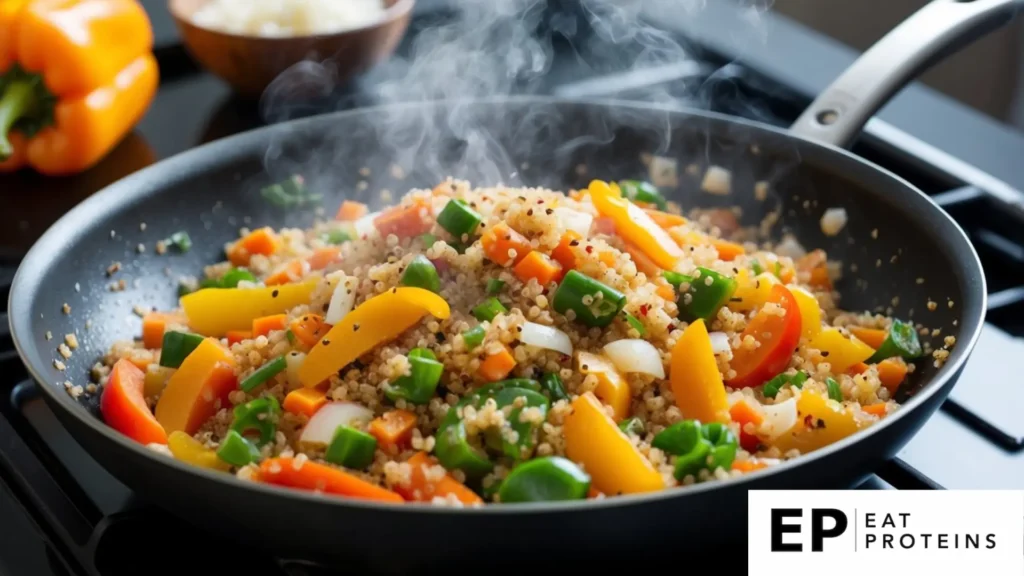 A colorful stir-fry sizzling in a hot skillet, with quinoa, bell peppers, carrots, and onions, steam rising as the vegetables are tossed together