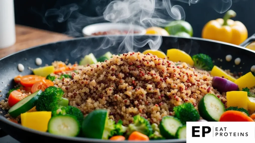 A colorful array of quinoa and various vegetables sizzling in a pan, emitting aromatic steam