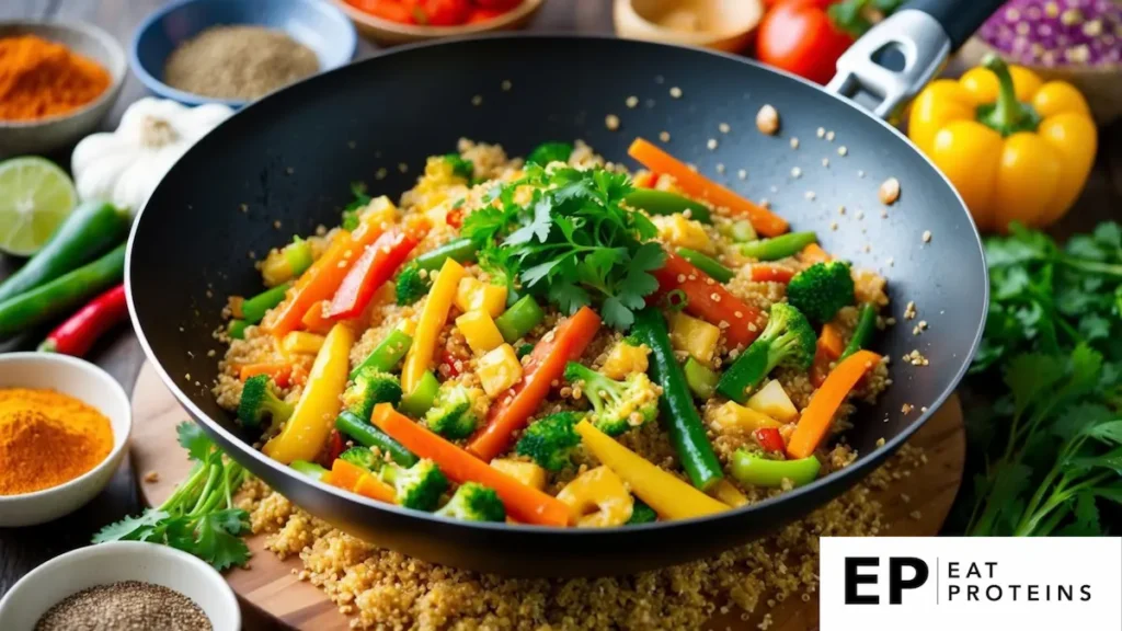 A colorful stir-fry sizzling in a wok, featuring vibrant vegetables and fluffy quinoa, surrounded by a variety of fresh ingredients and spices