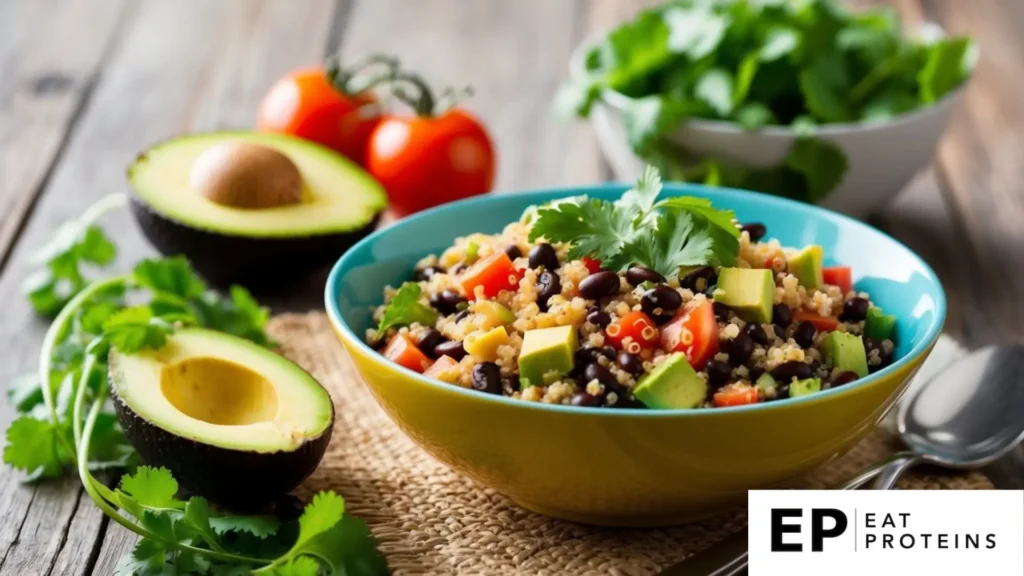 A colorful bowl of quinoa and black bean salad surrounded by fresh ingredients like tomatoes, cilantro, and avocado