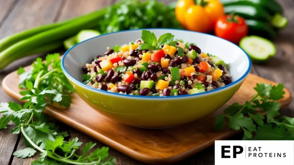 A colorful bowl of quinoa and black bean salad surrounded by fresh vegetables and herbs on a wooden table