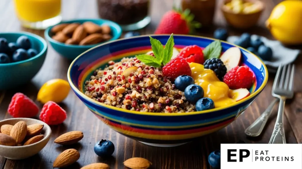 A colorful bowl filled with quinoa, almonds, and fresh berries sits on a wooden table, surrounded by a variety of Mediterranean breakfast ingredients