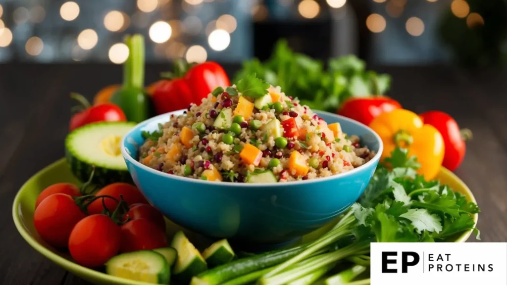 A colorful bowl of quinoa salad surrounded by fresh vegetables