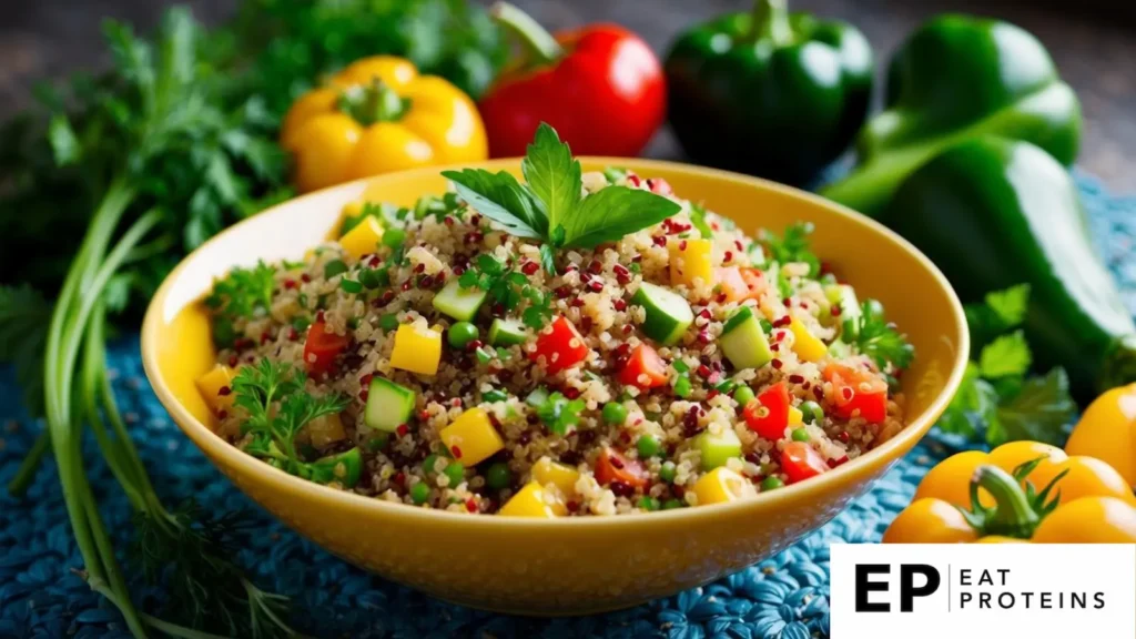 A colorful bowl of quinoa salad surrounded by fresh vegetables and herbs