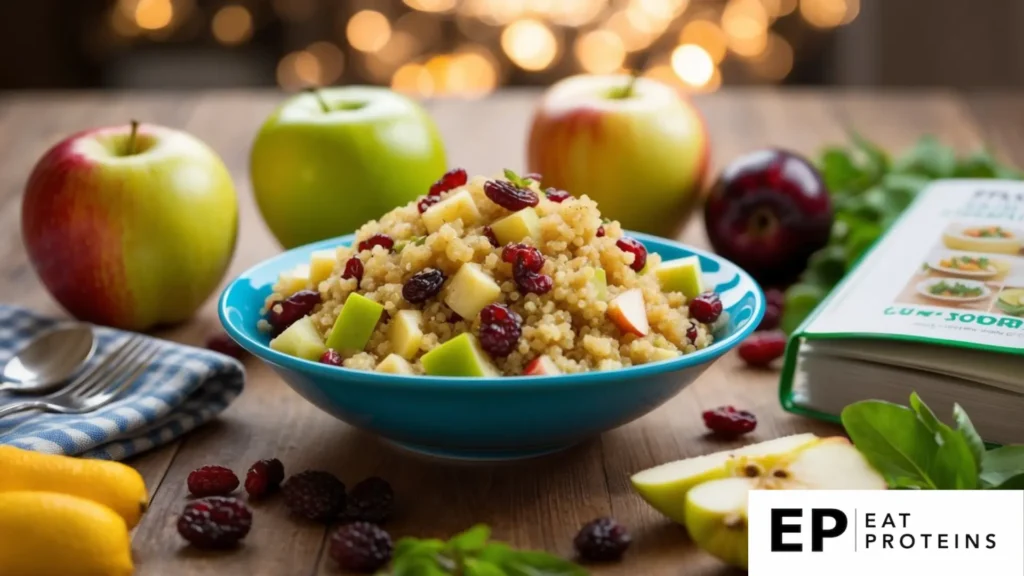 A colorful quinoa salad with diced apples and dried cranberries, surrounded by fresh ingredients and a low-sodium diet recipe book