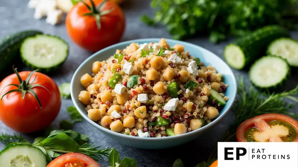 A colorful quinoa salad with chickpeas and crumbled feta, surrounded by fresh ingredients like tomatoes, cucumbers, and herbs