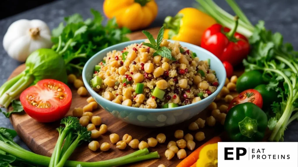 A colorful quinoa salad with chickpeas surrounded by fresh ingredients and a variety of vibrant vegetables on a wooden cutting board