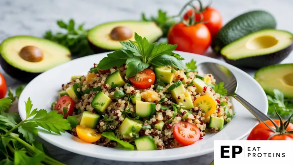 A colorful quinoa salad with fresh herbs, arranged on a white plate surrounded by vibrant ingredients like tomatoes, cucumbers, and avocado