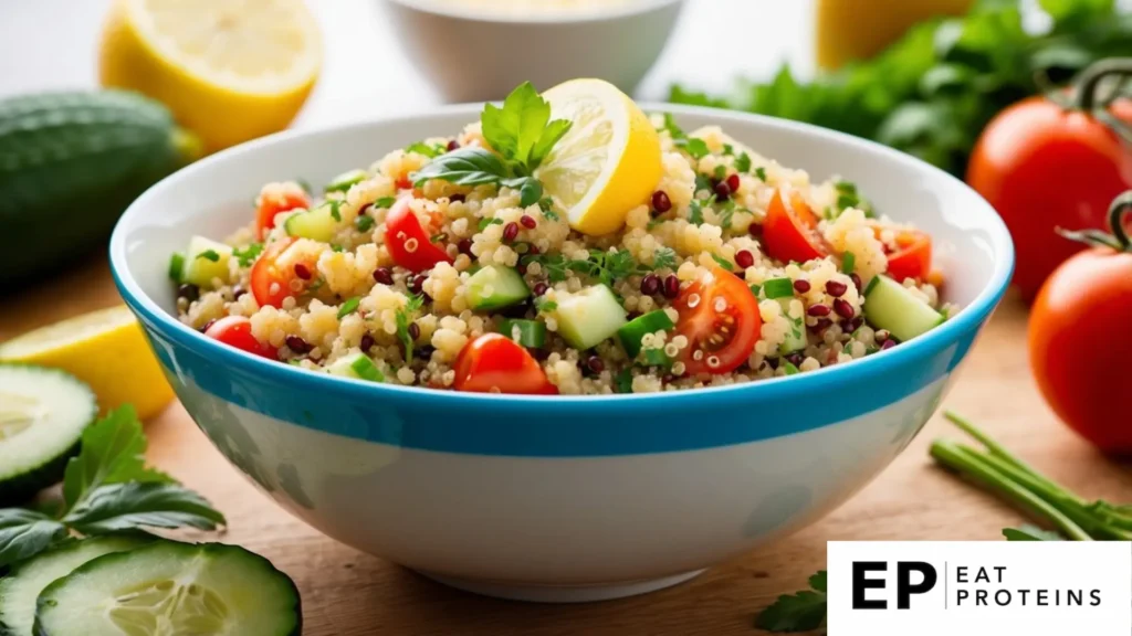 A colorful bowl of quinoa salad topped with lemon dressing surrounded by fresh ingredients like tomatoes, cucumbers, and herbs