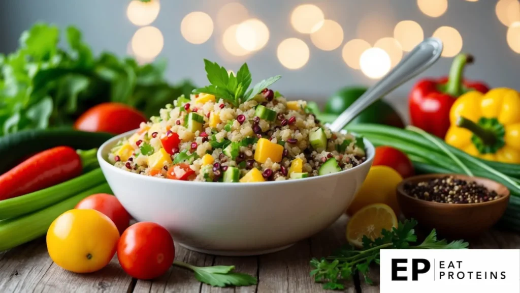 A colorful bowl of quinoa salad surrounded by fresh vegetables and herbs