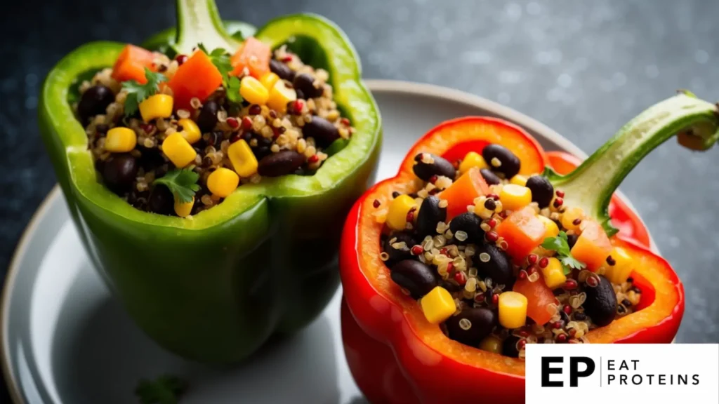 A colorful array of bell peppers filled with quinoa and vegetables, arranged on a plate