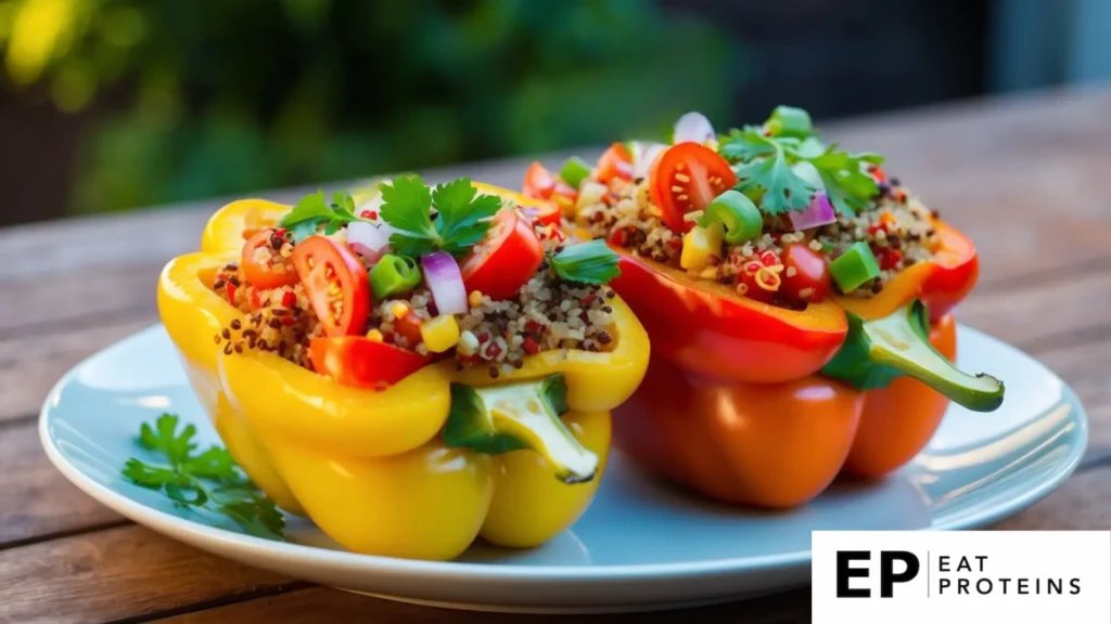 Colorful peppers filled with quinoa, tomatoes, and herbs on a blue plate