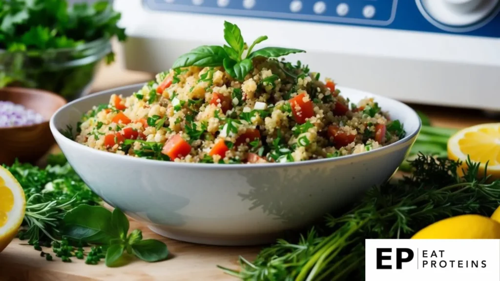 A vibrant bowl of quinoa tabbouleh surrounded by fresh ingredients and herbs, with a dialysis machine in the background