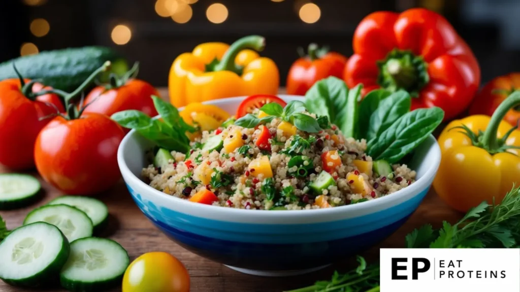 A colorful bowl filled with quinoa, mixed vegetables, and vibrant greens, surrounded by fresh ingredients like tomatoes, cucumbers, and bell peppers