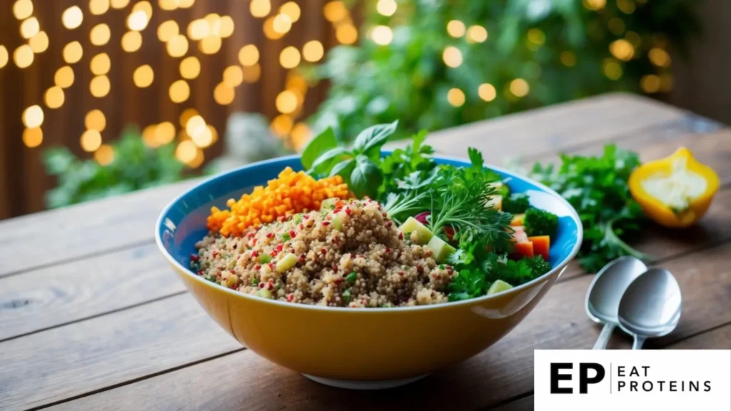 A colorful bowl filled with quinoa, assorted vegetables, and fresh herbs, set on a wooden table