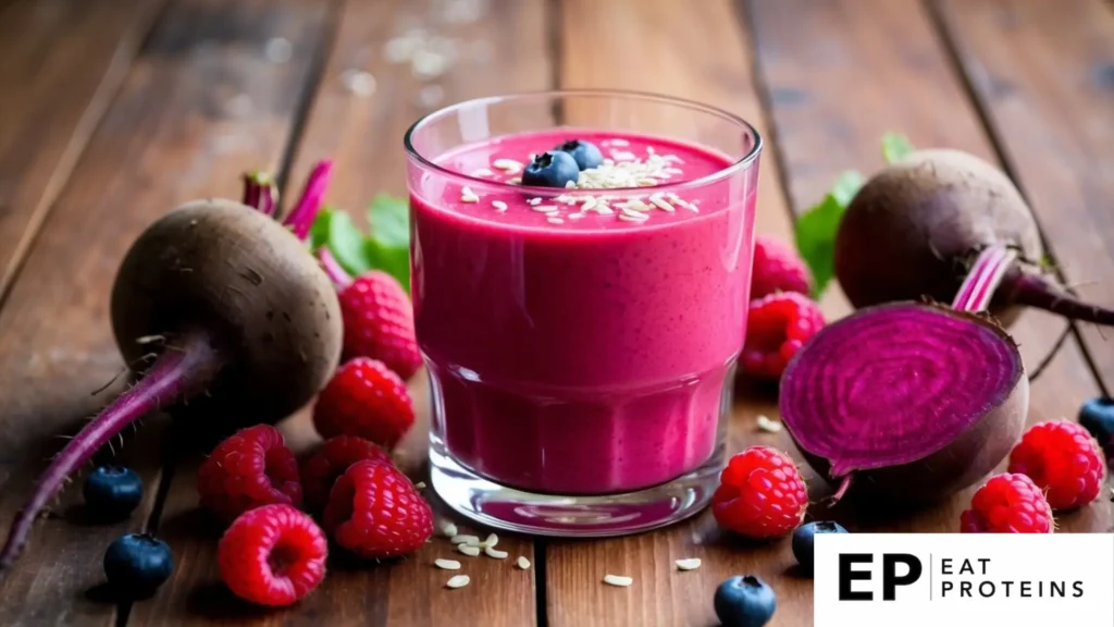 A glass filled with vibrant pink raspberry beet smoothie surrounded by fresh raspberries and beets on a wooden table