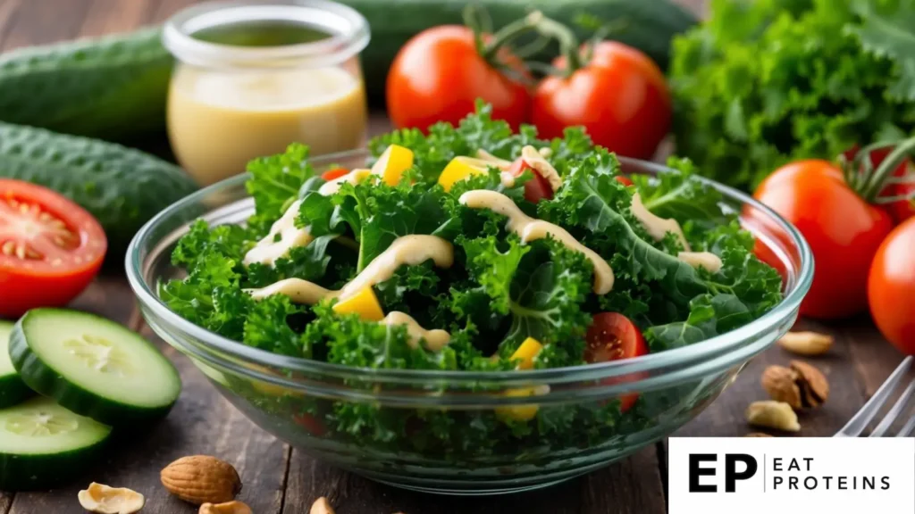 A vibrant bowl of raw kale salad with lemon-tahini dressing, surrounded by fresh ingredients like tomatoes, cucumbers, and nuts