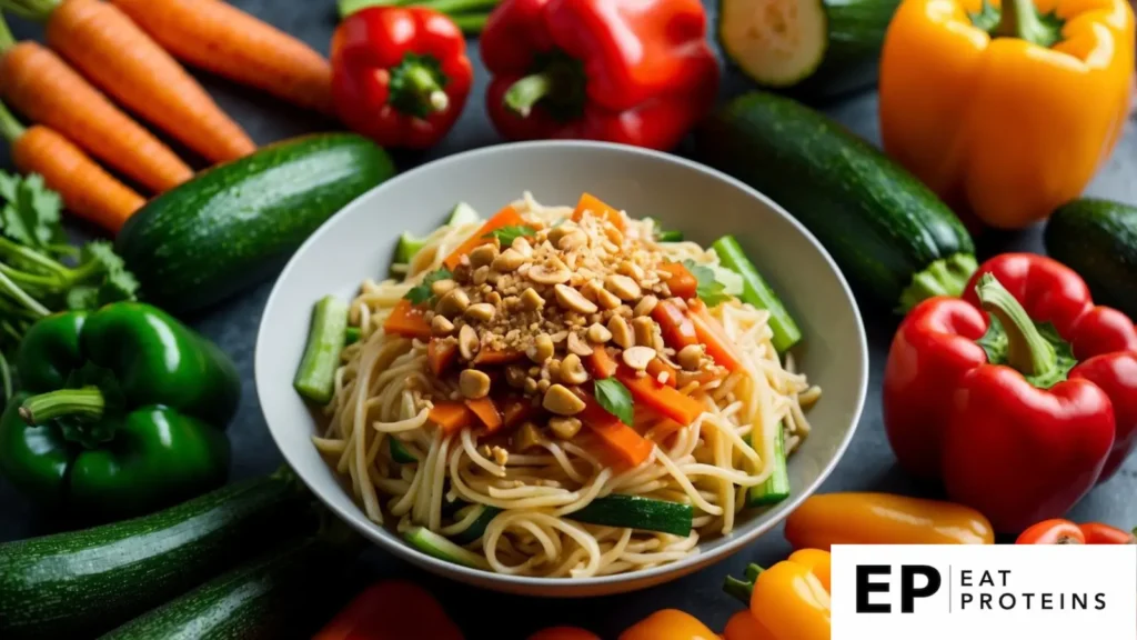 A colorful array of fresh vegetables, including carrots, bell peppers, and zucchini, arranged around a bowl of raw pad Thai noodles, topped with a tangy sauce and crushed peanuts