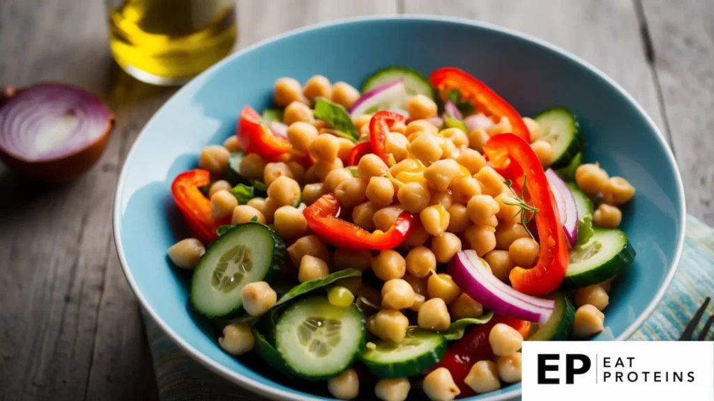 A vibrant red bell pepper and chickpea salad arranged on a white plate, surrounded by fresh ingredients and herbs