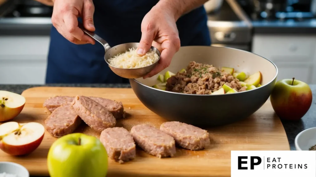 The image appears to show a preparation process for a dish involving sausage, rice, and apples. The person in the image is adding what seems to be shredded cheese to a bowl of ingredients that includes diced apples and ground sausage. Additionally, there are formed sausage patties and fresh apples on the cutting board, suggesting this could be part of a recipe for sausage bratwurst or patties incorporating apples and rice for flavor and texture