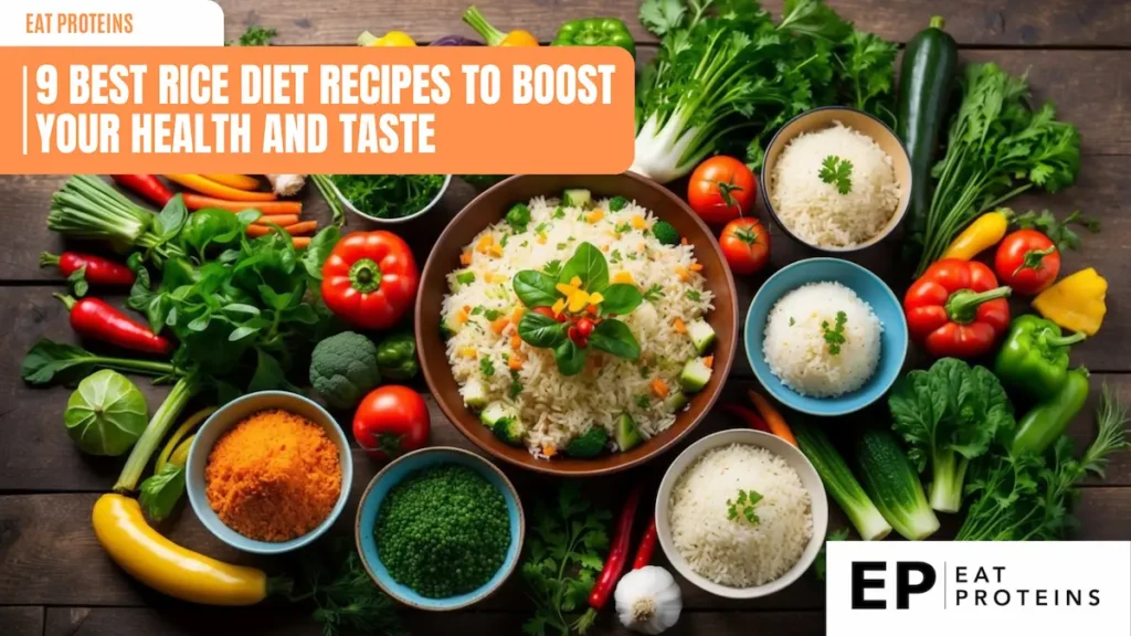 A colorful array of fresh vegetables, herbs, and spices surrounding a variety of cooked rice dishes on a rustic wooden table