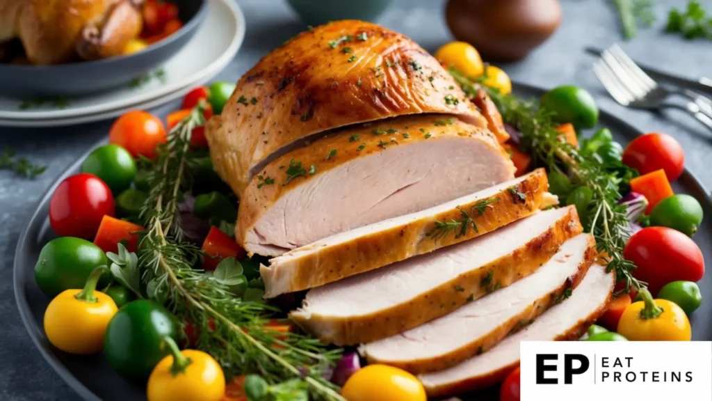 A platter of sliced roast turkey breast surrounded by colorful vegetables and herbs