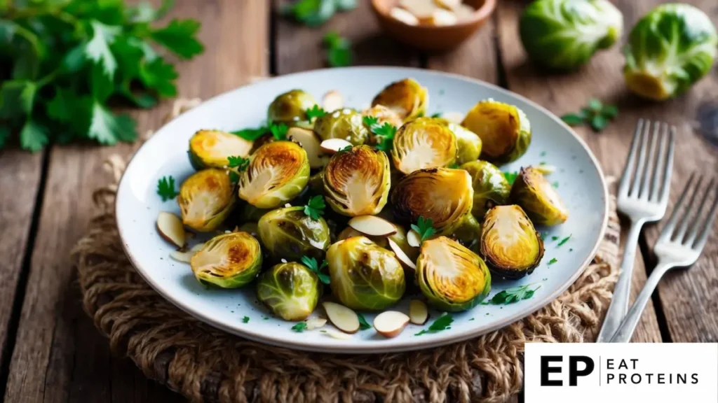 A rustic wooden table adorned with a platter of golden brown roasted Brussels sprouts sprinkled with sliced almonds and fresh herbs