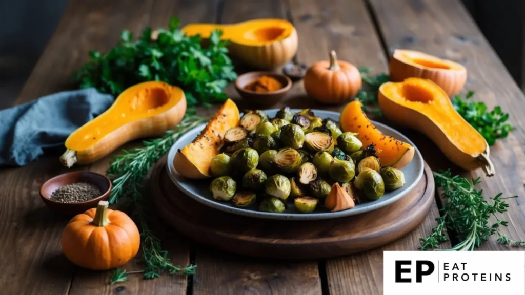 A rustic wooden table spread with a platter of roasted Brussels sprouts and butternut squash, surrounded by fresh herbs and spices