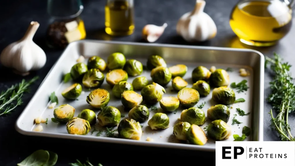 A baking sheet with roasted Brussels sprouts surrounded by ingredients like olive oil, garlic, and herbs