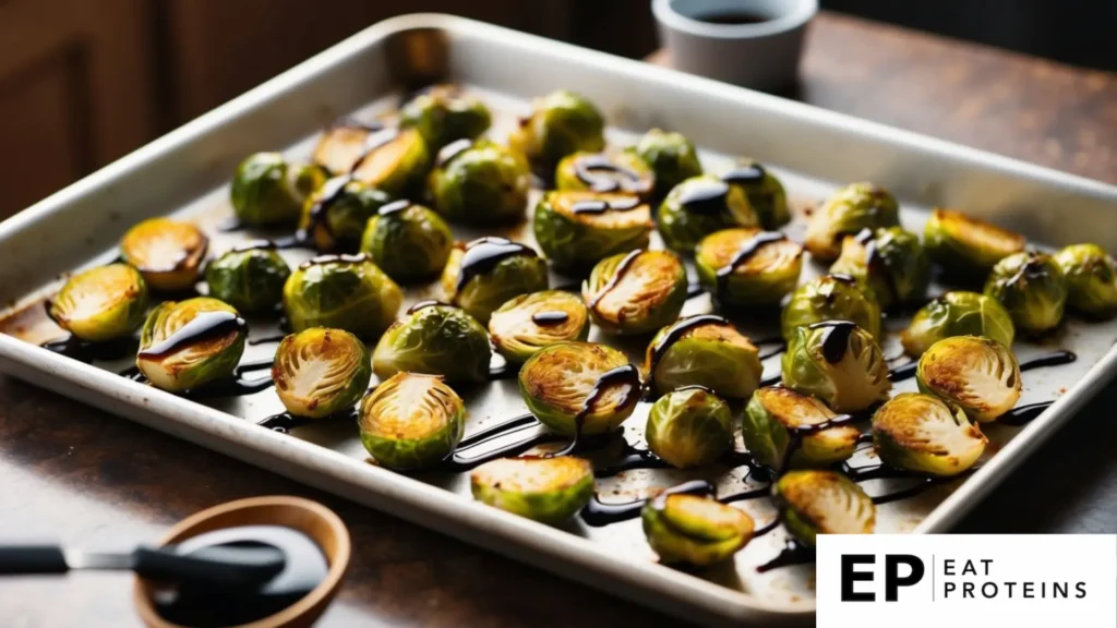 A baking sheet filled with golden brown roasted Brussels sprouts drizzled with a shiny balsamic glaze