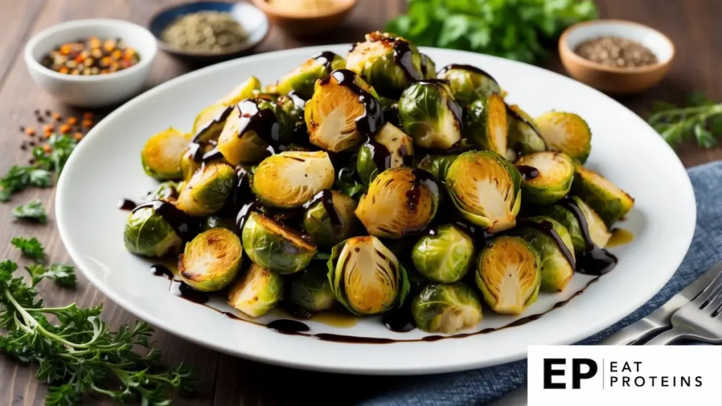 A platter of roasted Brussels sprouts drizzled with balsamic glaze, surrounded by colorful herbs and spices