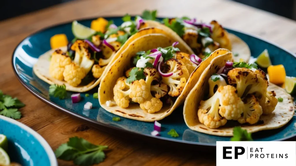 A platter of roasted cauliflower tacos surrounded by colorful toppings and garnishes on a wooden table