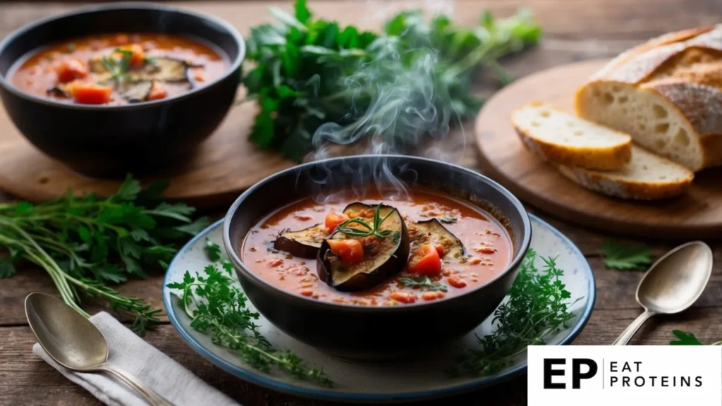 A rustic kitchen table with a steaming bowl of roasted eggplant and tomato soup, surrounded by fresh herbs and crusty bread