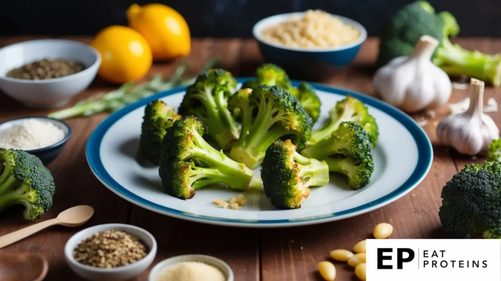 A plate of roasted garlic broccoli surrounded by various candida diet ingredients