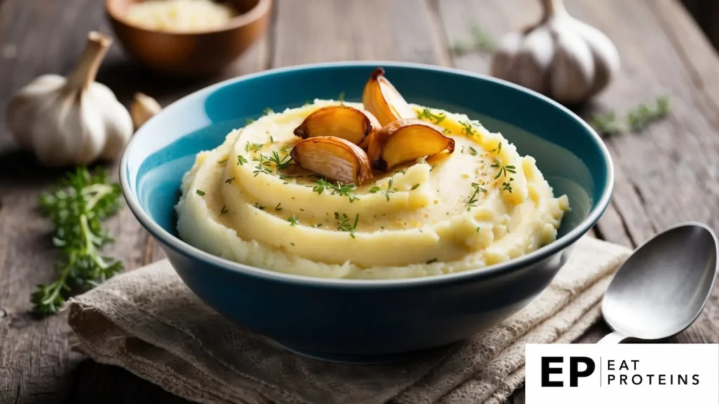 A bowl of creamy mashed potatoes topped with roasted garlic cloves and a sprinkle of herbs sits on a rustic wooden table