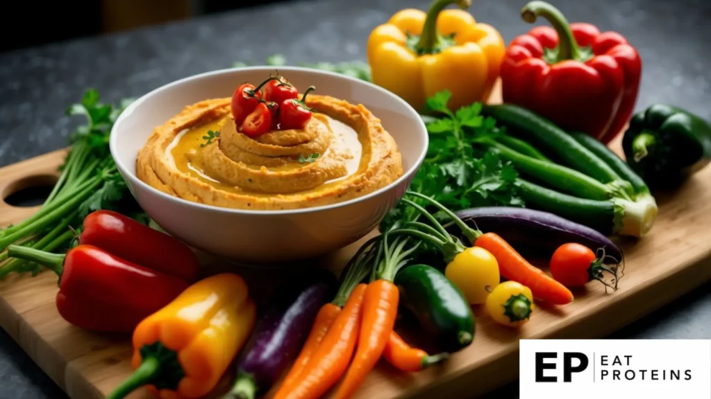 A bowl of roasted red pepper hummus surrounded by an assortment of colorful fresh vegetables on a wooden cutting board