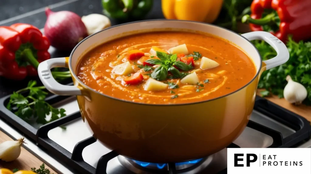 A pot of creamy red pepper soup simmering on a stovetop, surrounded by fresh ingredients like peppers, onions, and herbs