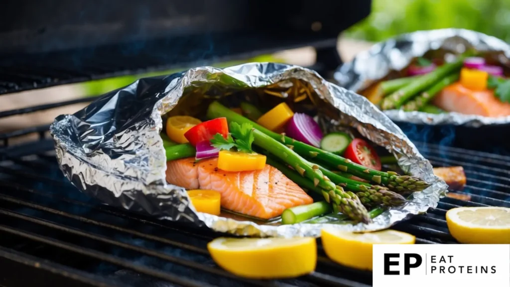 A foil pack filled with salmon, asparagus, and other colorful ingredients, placed on a grill or in an oven