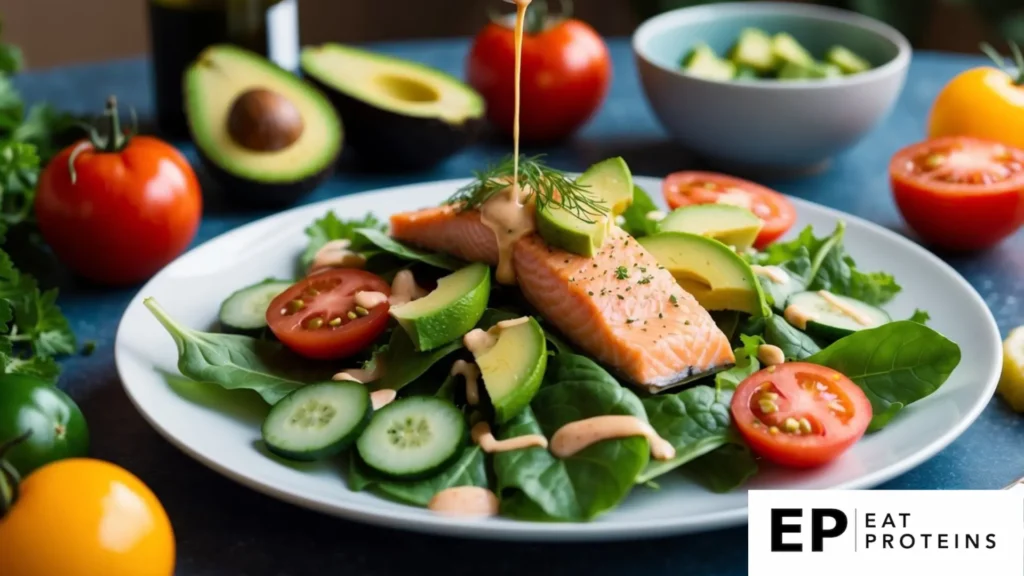 A plate with a colorful salad of salmon, avocado, and leafy greens, surrounded by vibrant ingredients like tomatoes, cucumbers, and a drizzle of dressing