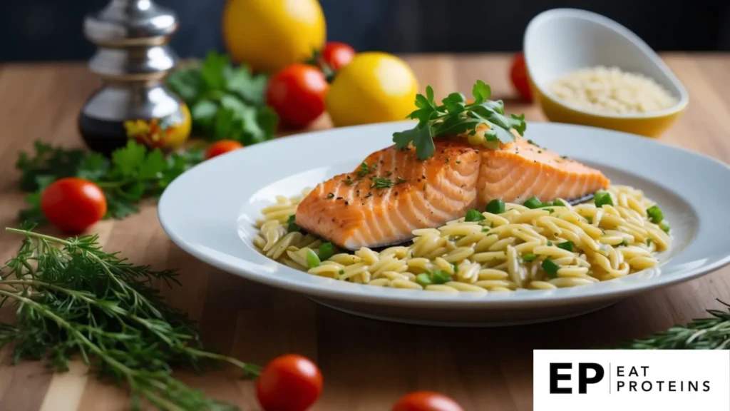 A plate of salmon and orzo piccata surrounded by colorful Mediterranean ingredients