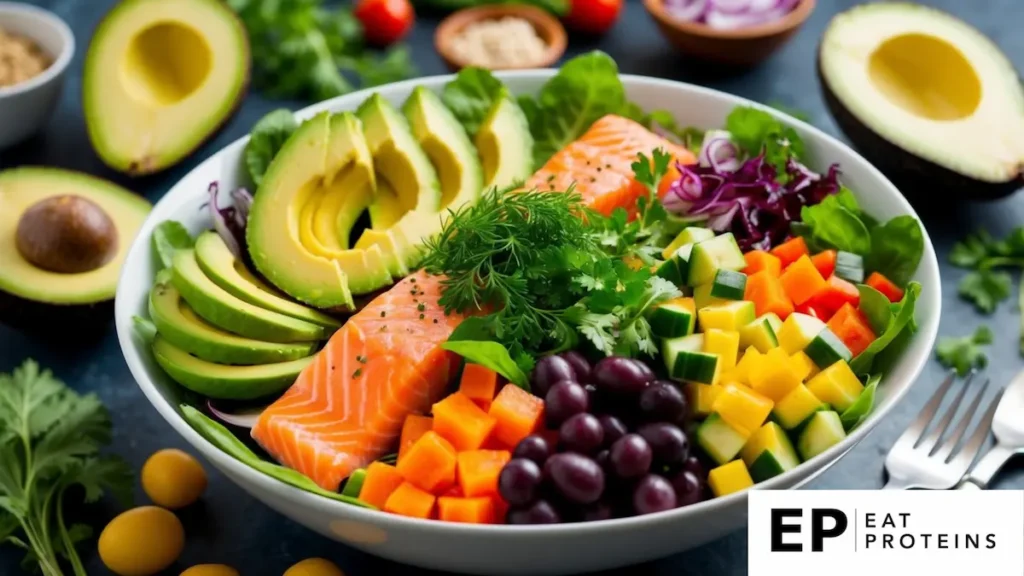 A vibrant salad bowl filled with fresh salmon, ripe avocado, and colorful vegetables, surrounded by a variety of anti-inflammatory ingredients